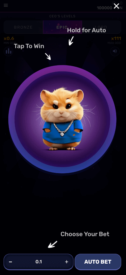 Interfaz de juego móvil de hamster mania con un simpático hámster vestido con una camisa azul y una cadena dorada, centrado dentro de un círculo morado. La pantalla tiene tres botones principales: «Tocar para ganar» en el centro, “Mantener para Auto” cerca de la parte superior derecha, y “Elige tu apuesta” en la parte inferior. Hay opciones para aumentar o disminuir el importe de la apuesta y un botón «Apuesta automática» en la parte inferior derecha.