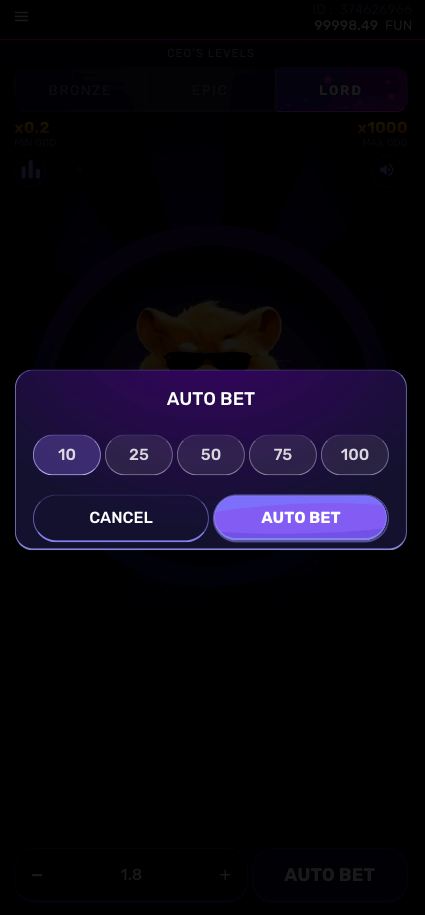 La interfaz del juego HamsterMania con el hámster en un fondo oscurecido. Aparece un menú emergente de «Apuesta automática», que ofrece opciones para apostar automáticamente 10, 25, 50, 75 o 100 veces. La pantalla incluye un botón «Cancelar» a la izquierda y un botón «Apuesta automática» a la derecha para confirmar la selección.