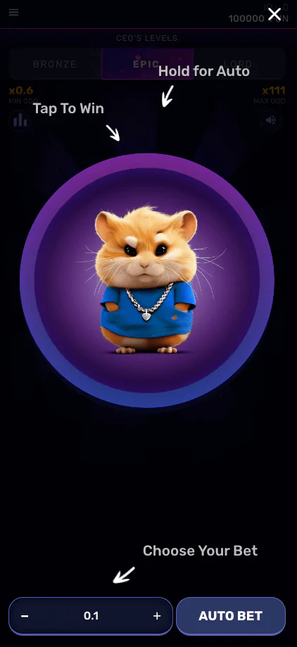 Interfaz de juego móvil de hamster mania con un simpático hámster vestido con una camisa azul y una cadena dorada, centrado dentro de un círculo morado. La pantalla tiene tres botones principales: «Tocar para ganar» en el centro, “Mantener para Auto” cerca de la parte superior derecha, y “Elige tu apuesta” en la parte inferior. Hay opciones para aumentar o disminuir el importe de la apuesta y un botón «Apuesta automática» en la parte inferior derecha.