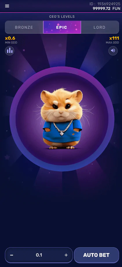 La interfaz del juego Hamster Mania muestra un hámster con una camisa azul y una cadena dorada, centrado en un círculo morado. La pantalla muestra el nivel «Épico» seleccionado en la parte superior, con «Bronce» y «Señor» como otras opciones. Hay botones para aumentar o disminuir la apuesta en la parte inferior, junto con una opción de «Apuesta Automática».