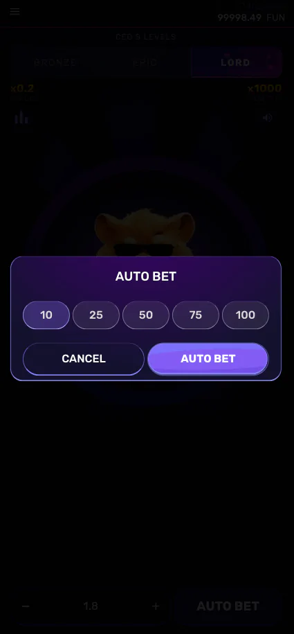La interfaz del juego HamsterMania con el hámster en un fondo oscurecido. Aparece un menú emergente de «Apuesta automática», que ofrece opciones para apostar automáticamente 10, 25, 50, 75 o 100 veces. La pantalla incluye un botón «Cancelar» a la izquierda y un botón «Apuesta automática» a la derecha para confirmar la selección.